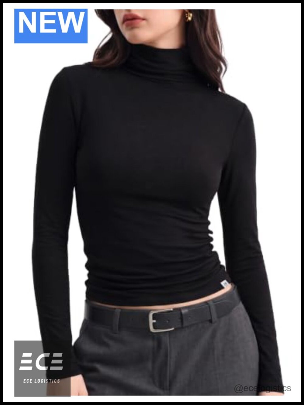 Merino Wool Blend Turtleneck Long Sleeve Fitted Basic Tee